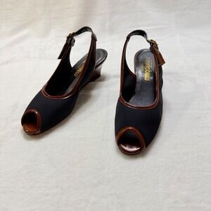 Magdesians California Wedge Heels Slingback Black Brown Peep Toe 6.5 S